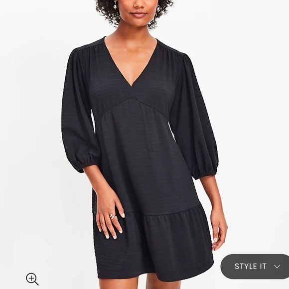 LOFT Black Jacquard Balloon Sleeve V-Neck Dress 2 - Picture 8 of 10